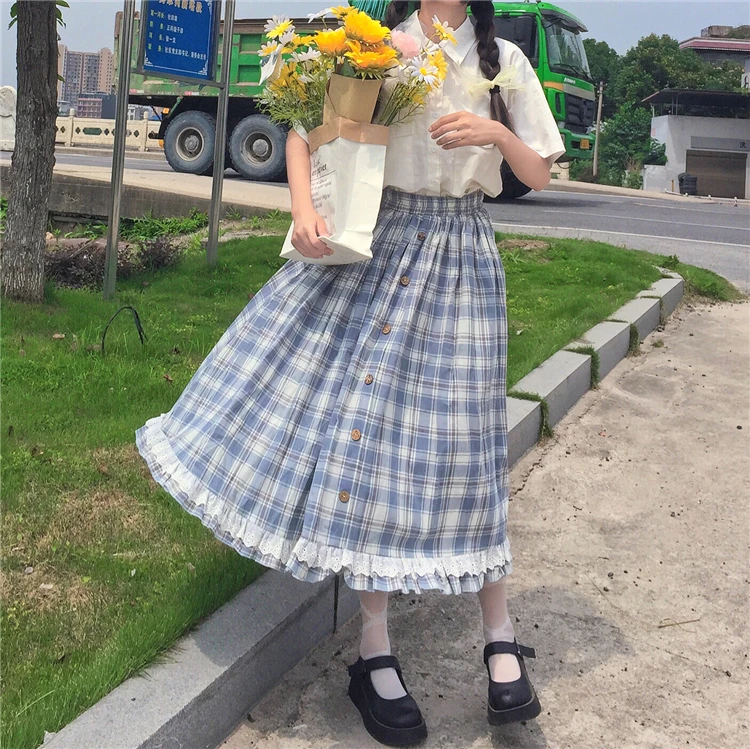 Korean-Style College-Style Elastic High-Waist Loose Slimming Retro Plaid Lace Ruffled Skirt Women's 2020 Summer lolita Skirt