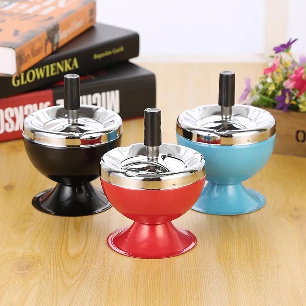 Stainless Steel Windproof Ashtray Round Push Down Cigarettes Ashtray with Rotating Lid Spinning Tray Home Office Ashtrays