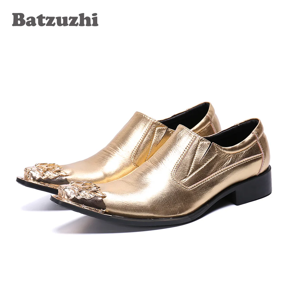 

Batzuzhi British Type Men Shoes Pointed Gold Metal Cap Leather Dress Shoes Slip on Gold Party & Wedding Shoes Men Business