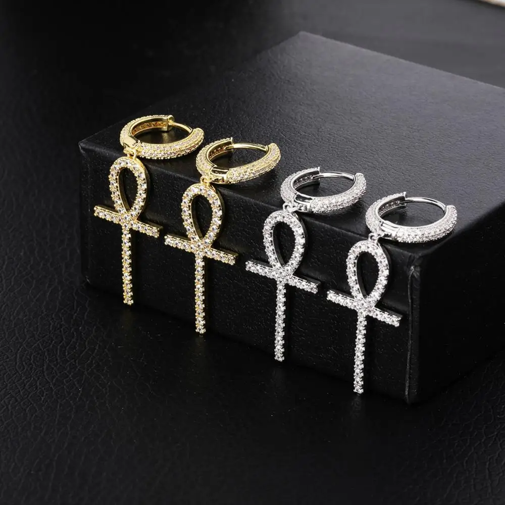 GUCY Solid Back Ankh Cross Pendant Earrings Micro Shop AAAA+ Cubic Zirconia Men & Women Hip-Hop Gem Jewelry Gift