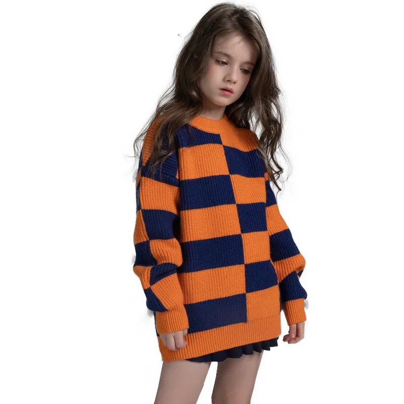 

Children's Sweater Autumn Winter Fashion Plaid Color Knit Sweater Thick Sweater Over Pullovers For Girls Sweater Kids Clothing