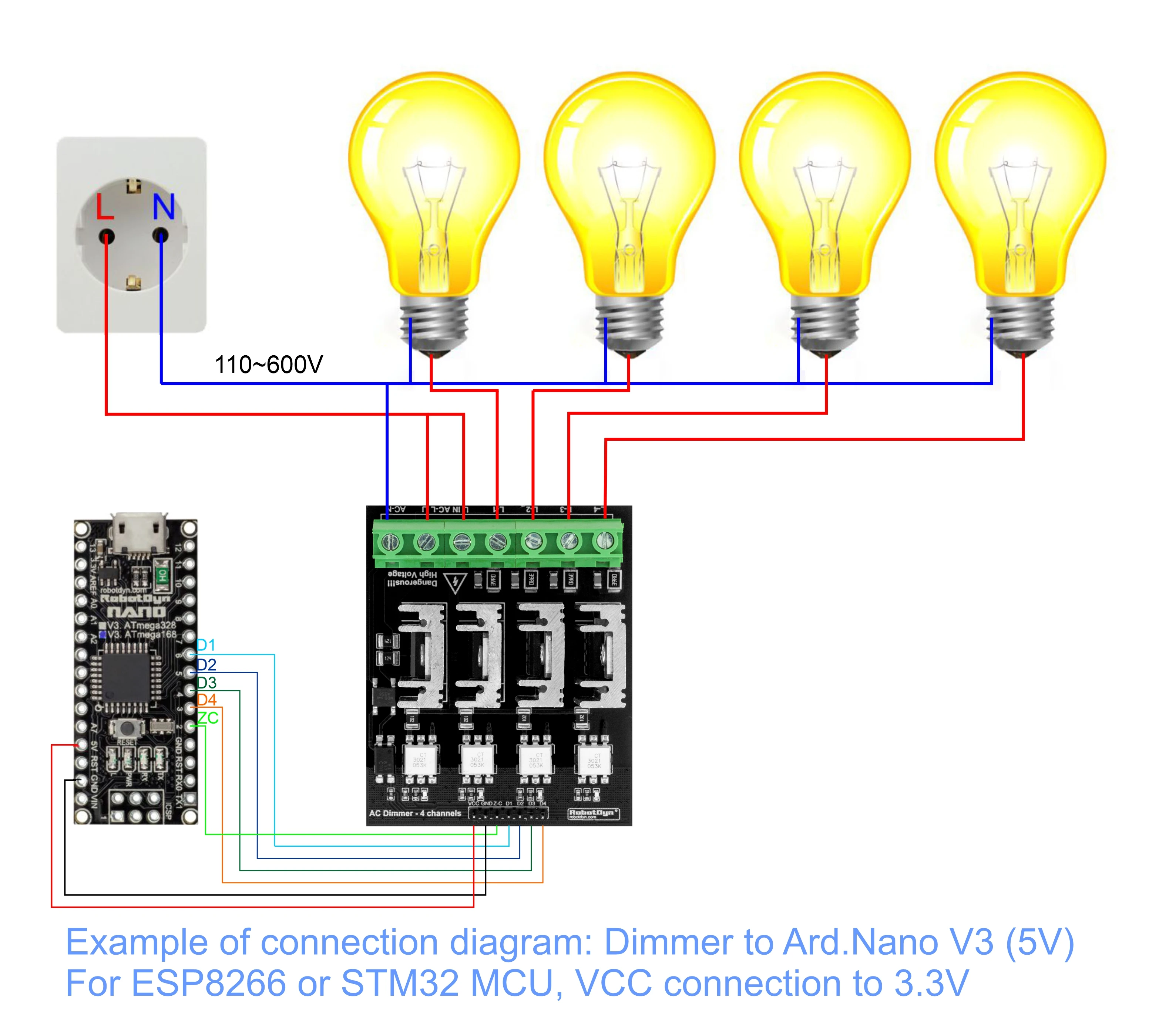 Module variateur de lumière AC, 4 canaux, logique 3,3 V/5 V, AC 50/60 Hz, 110 V ~ 400 V, 10 A par canal