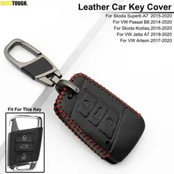 Car Key Remote Cover For VW Arteon Passat B8 Tiguan For Skoda Superb A7 Kodiaq Black Leather Case 3 Buttons Insert Blade Keyring