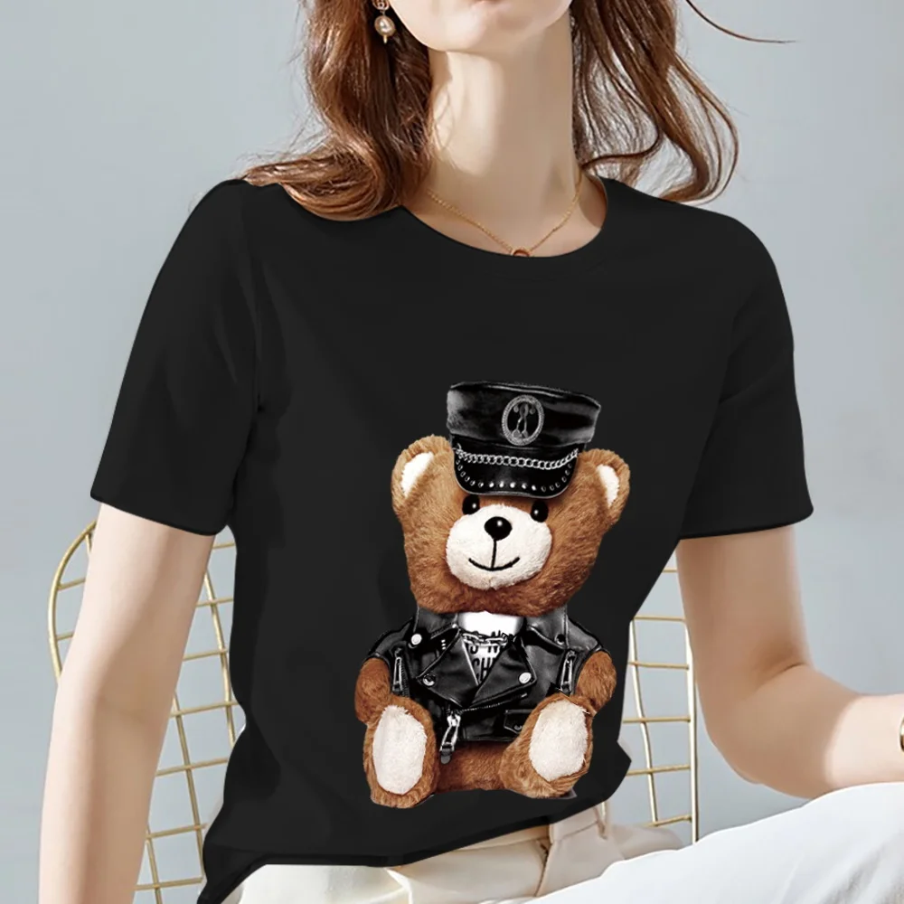 Women Tshirts Street Classic Cartoons Bear Pattern Print Series Short Sleeve Tops Summer Soft Black Classic O-Neck Ladies Tee