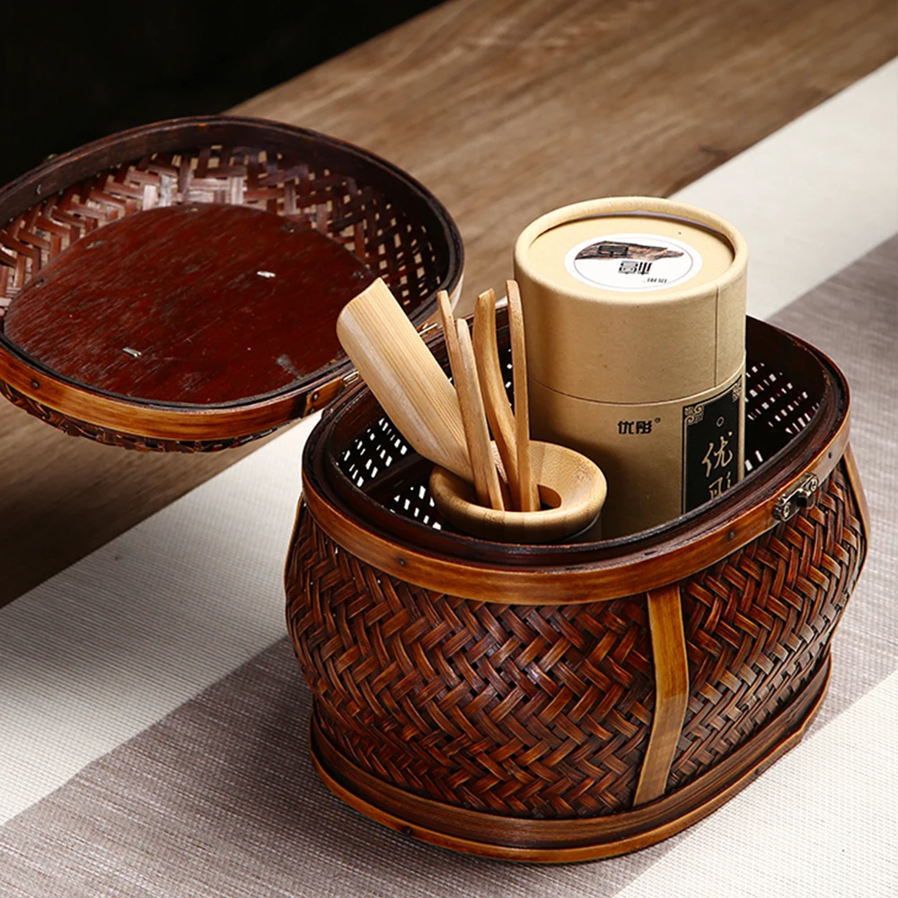 Chinese Style Handmade Weave Bamboo Storage Basket With Cover For Dessert Snacks Portable Tea Set Box For Home Kitchen Teahouse