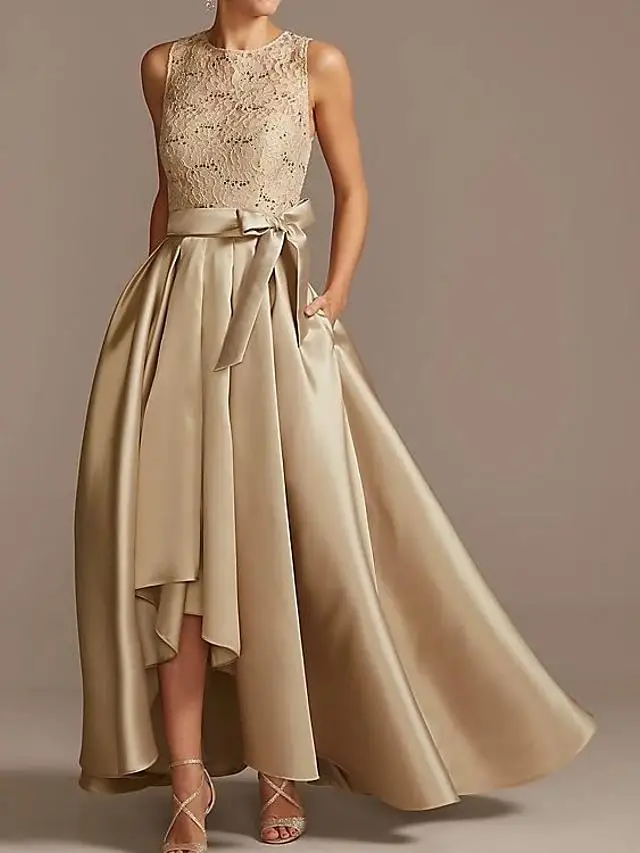 High Low Champagne Mutter der Braut Kleid Bogen Plus Größe Elegante Vintage Top Spitze Knöchel Länge Satin Bräutigam Party kleid