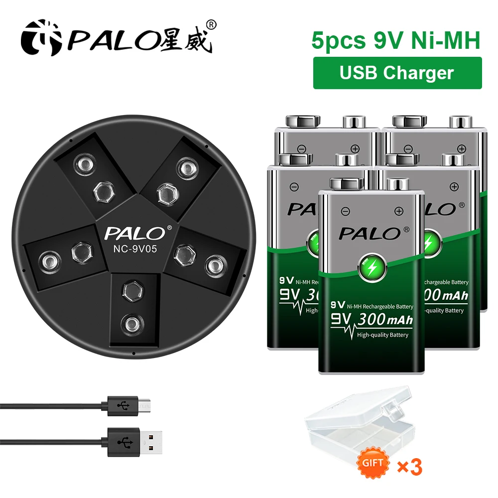 

PALO 9V 6F22 300mAh Battery 9V Rechargeable Battery Wiith LED 9v Battery Charger For Microphone/Electric Guitar