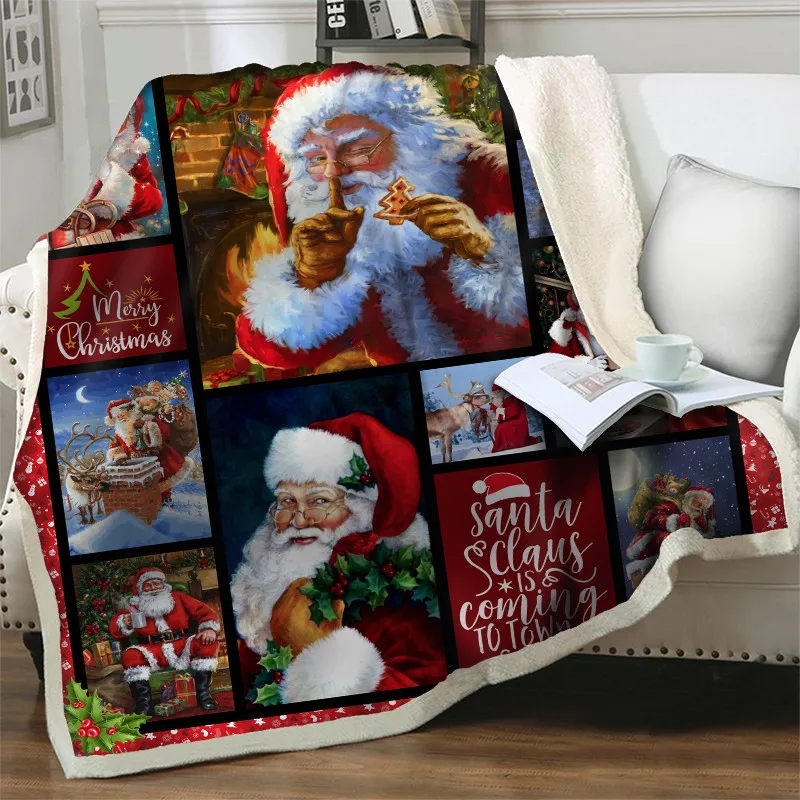 

Santa Claus Cartoon 3D Print Red Flannel Throw Blankets for Kids Adults Merry Christmas Gift Warm Soft Quilts Cover Sofa Bedding