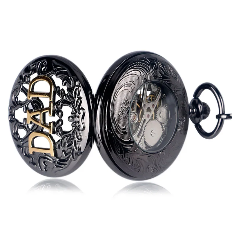 Steampunk Black Hollow Out Case Men's Handwinding Mechanical Pocket Watch Dad Design Pendant Chain Clock Gift To Father