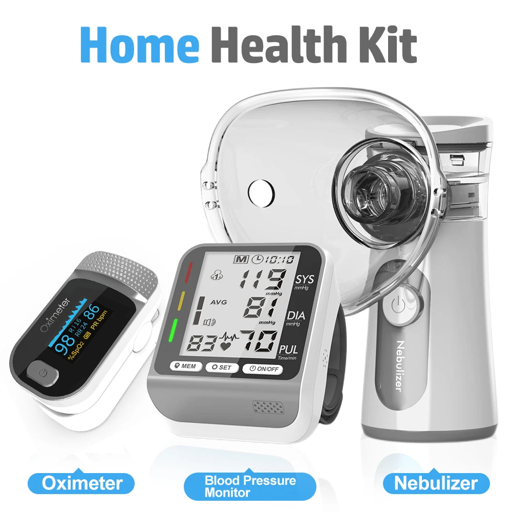 KIUZOU Fingertip Pulse Oximeter & Handheld Asthma Inhaler Mesh Nebulizer & Wrist Blood Pressure Monitor Sphygmomanometer 3in1kit