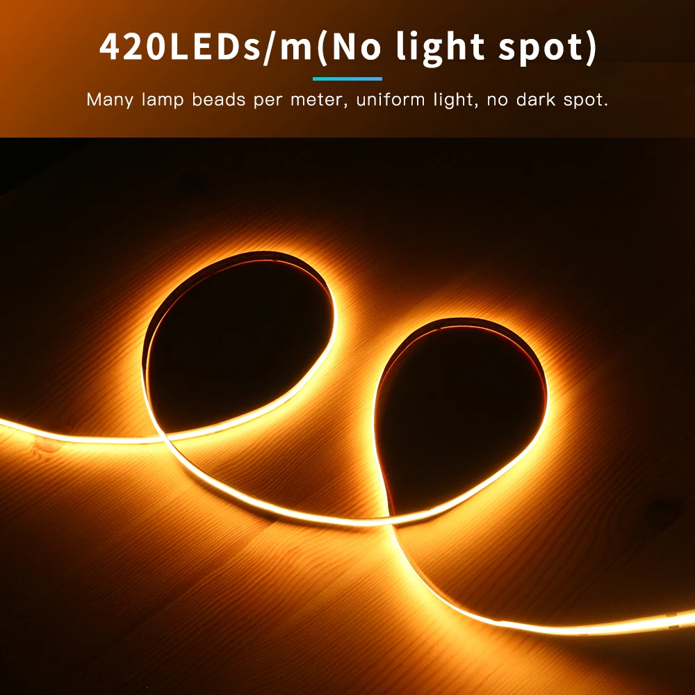 Gledopto 5m COB LED Strip Lights 420LEDs/m High Density Flexible COB LED Lights Warm White 2700K LED Tape Dimmable DC24V