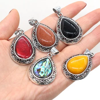 DIY 목걸이 쥬얼리 제작용 드롭 모양 펜던트, 천연석 크리스탈, Aventurine 옥, 전복 쉘 참, 패션, 24x40mm