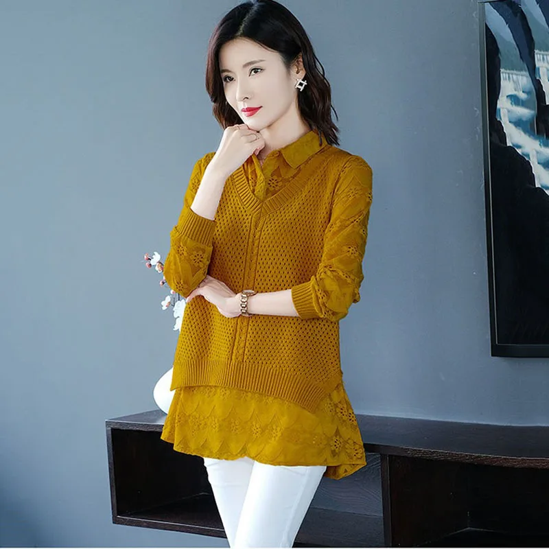 Ladies Sweater Spring Autumn Women's Jacket Fake Two-Piece Shirt Collar Lace Sleeves Blouse Female Knitted Bottoming Shirt