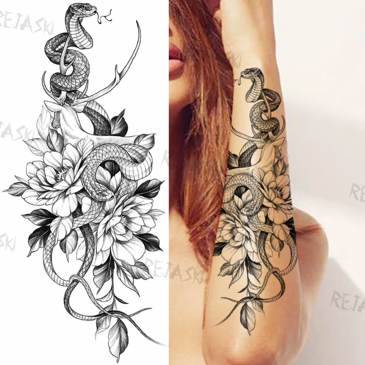 Sexy Snake Flower Fake Temporary Tattoo For Women Black Sunflower Tattoos Bloosom Big Daisy Camellia Water Transfer Tatoos Legs