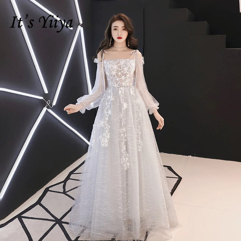 It\'s Yiiya Prom Gowns Gray Champagne Boat Neck Full Sleeves A-line Party Dress Floor length Stars Plus Size Prom Dresses E428