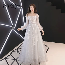 It's Yiiya Prom Gowns Gray Champagne Boat Neck Full Sleeves A-line Party Dress Floor length Stars Plus Size Prom Dresses E428