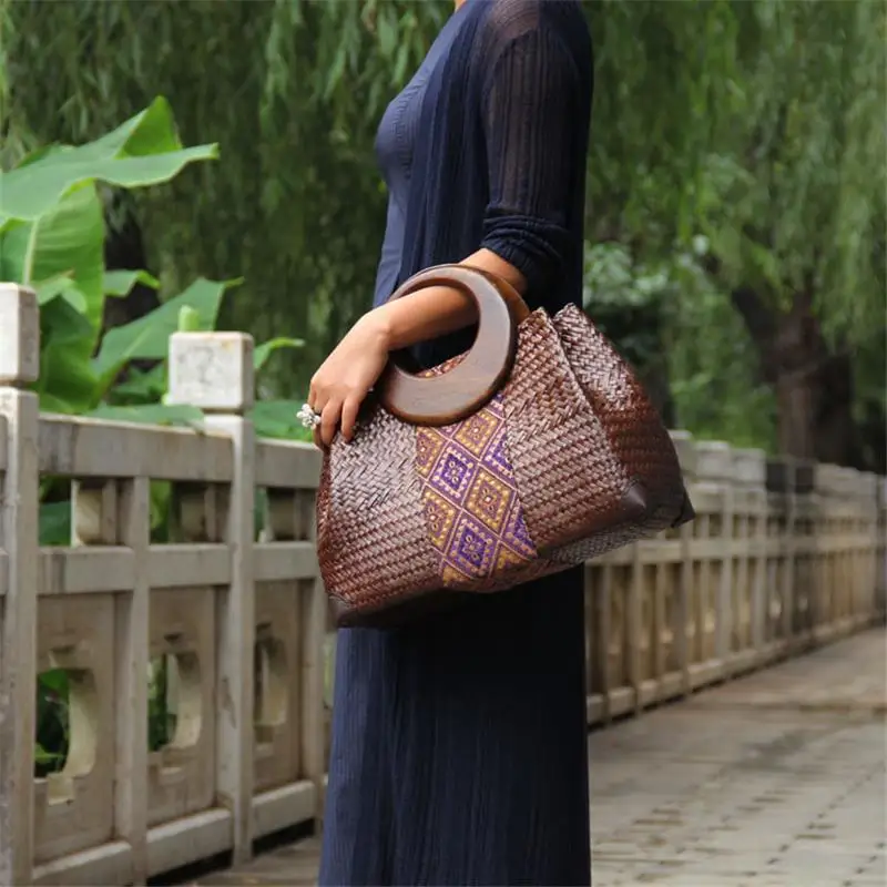 38x27CM Thailand Straw Bag Rattan Handbag Retro Vacation Women Literary Style Fashion a6106