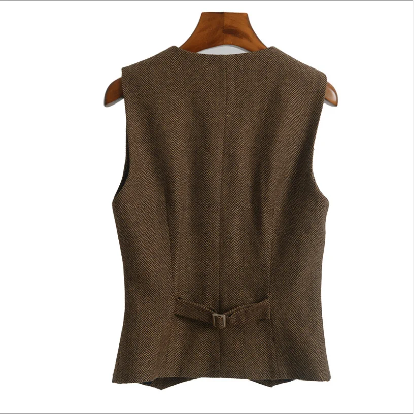 Vrouwen Pak Vest Visgraat Tweed V-hals 4-knops Vest Dames Retro Slim Fit Mouwloos Vest steampunk femme