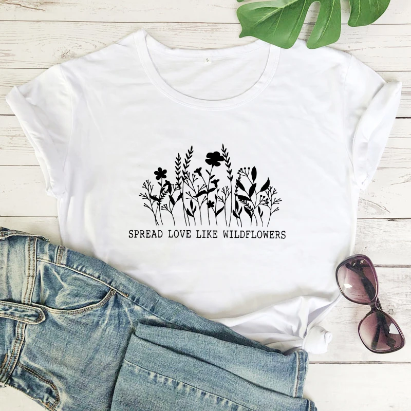 Spread Love Like Wildflowers T-shirt Vintage Women Boho Kindness Tops Tees Aesthetic Summer Lady Christian Inspirational Tshirt