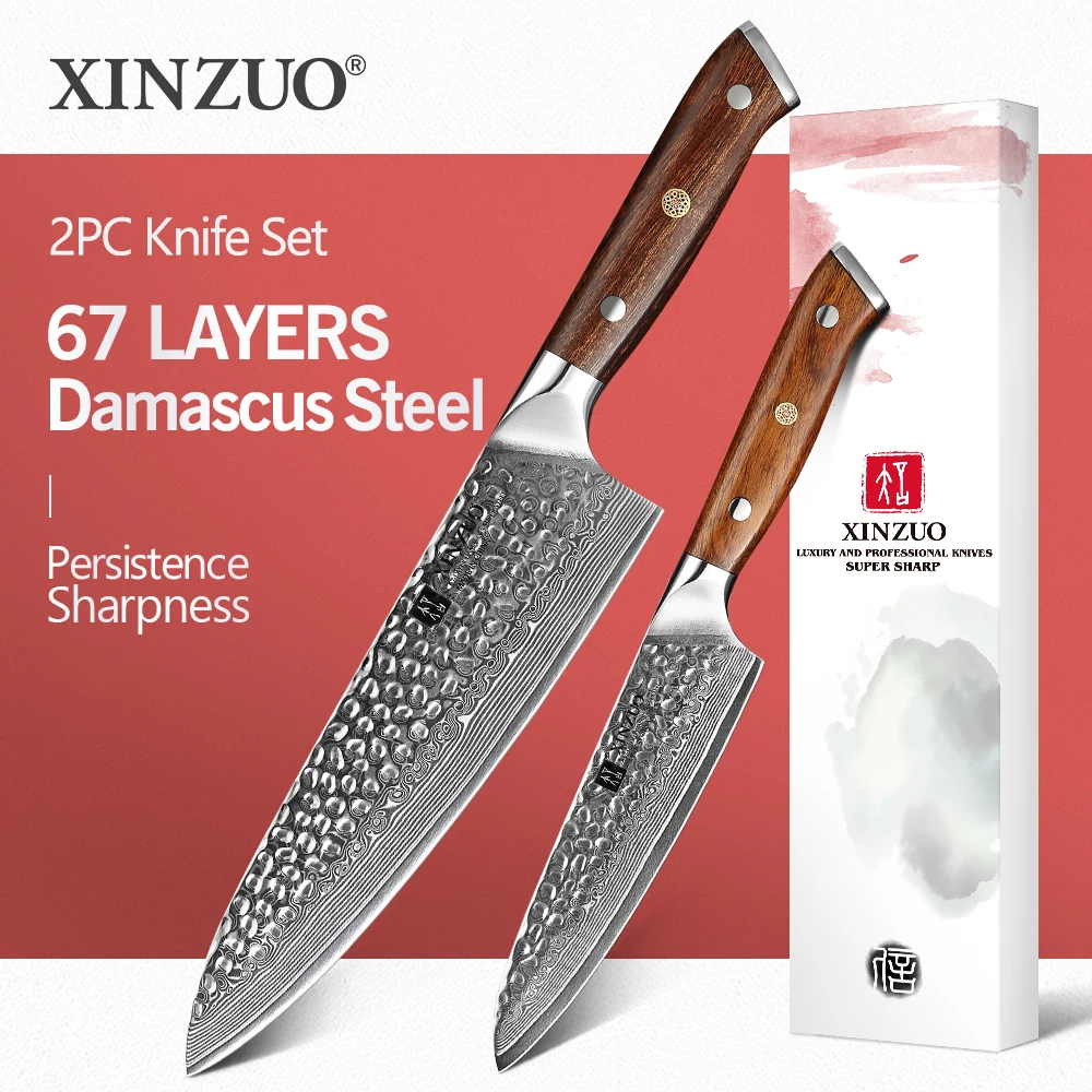 XINZUO 2PCS Knife Set with Ironwood Handle VG10 Damascus Steel Blade Utility Chef‘s ’Knives Cooking Tools Kitchen Cutter Sets