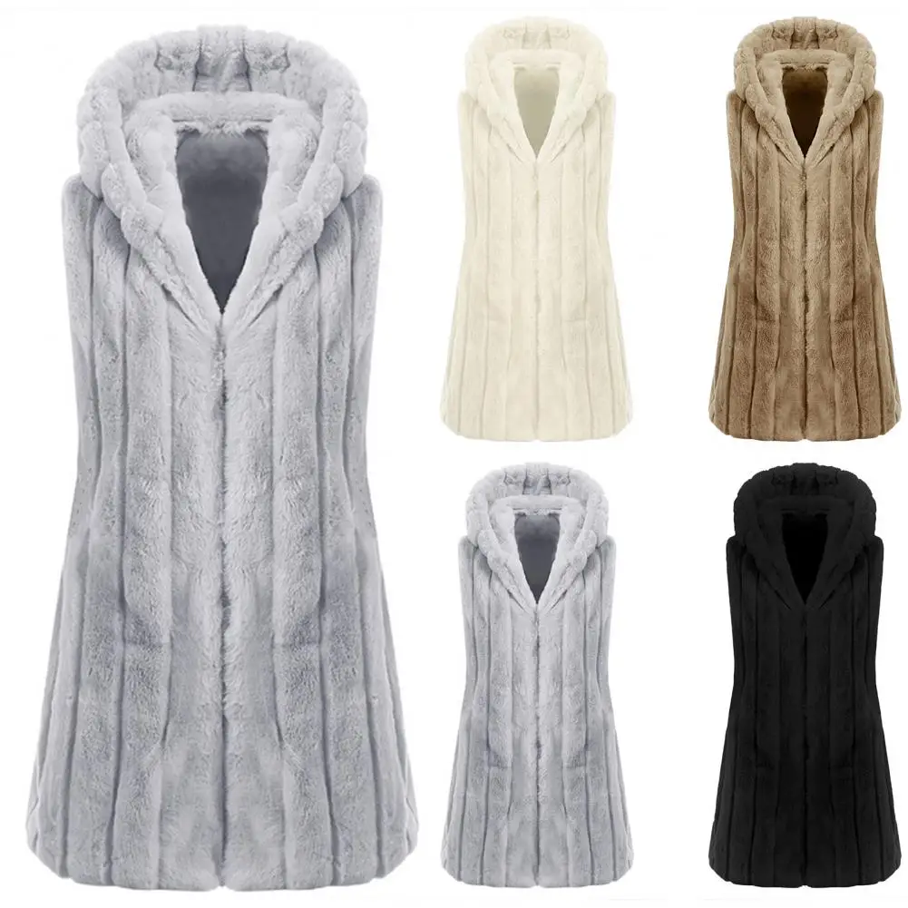 Waist Tight Hooded Vest Coat Women Faux Fur Pockets Solid Color Plus Size Long Warm Lady Vest Overcoat Outerwear жилетка женская