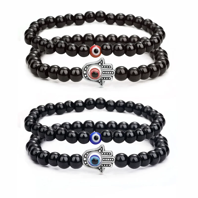 2Pcs Handmade Elastic 6mm Black Agate Kabbalah Bracelet Natural Stone Evil Eye Hamsa Fatima Hand Charm Beaded Couples Bracelets