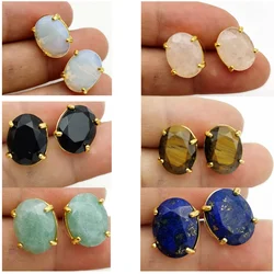 Pendientes de tuerca de forma ovalada, piedra Natural de Color plateado, cristal de cuarzo rosa facetado, Ojo de Tigre, lapislázuli, joyería curativa femenina