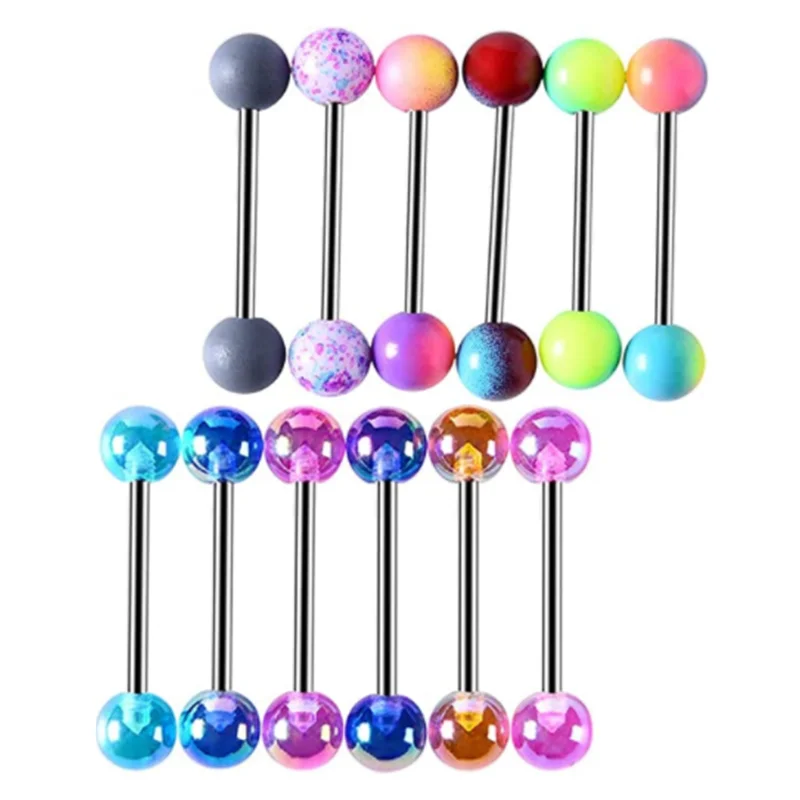 6PCS Edelstahl Glorious Zunge Ring Groß 14G Nippel Piercing Bar Lot Glitter Zunge Piercing Set Barbell Piercing schmuck – Detail 1