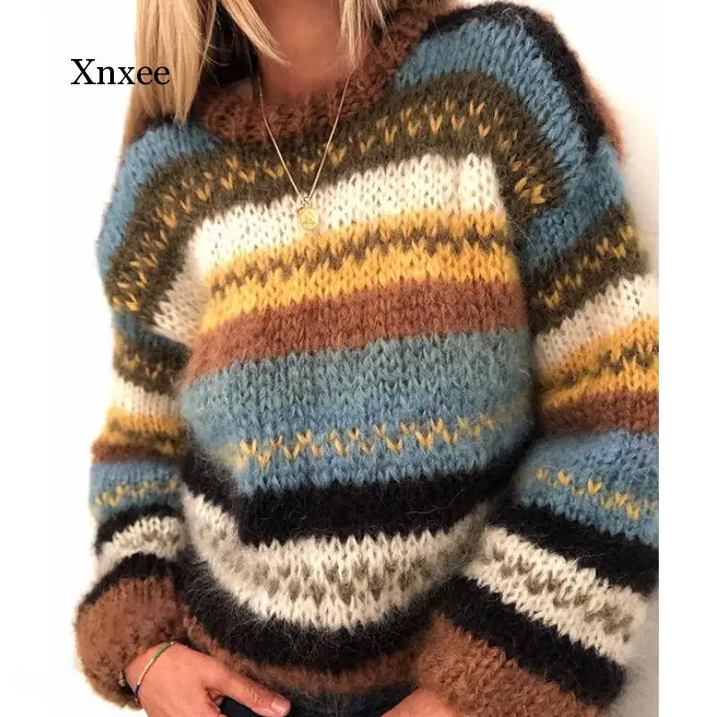 2020 New Women Sweater Pullover Vintage Long Sleeve Loose Knitted Winter Female Stripe Sweater Big Size