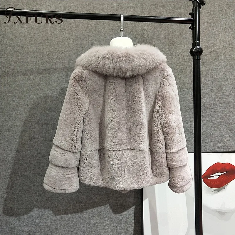 2020 New Women Winter Rex Rabbit Fur Jackets Short Lady's Warm Real Fur Coats Fox Fur Collars Whole SKin Fur Clothings Outwear