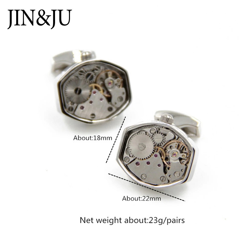 JIN&JU Hot Sale Non-Functional Watch Movement Cufflinks For Mens Silver Color Stainless Steel Cuff Links Guest Wedding Gifts