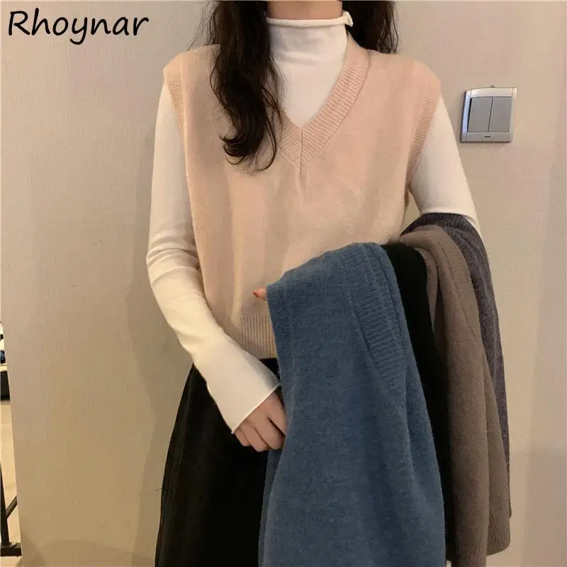 Sweater Vest Women Solid Cozy Cropped All Match Sleeveless College Autumn Simple 5 Colors V-neck Knitted Girls Casual Popular