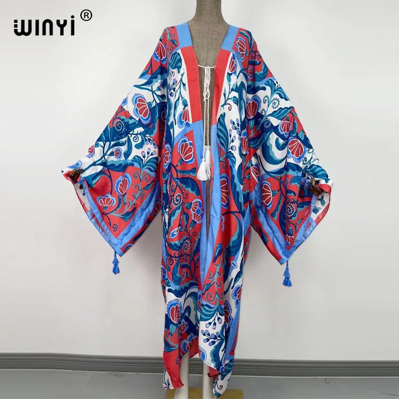 

2021 WINYI new Cotton Bikini Sweet Lady Pink Boho Print Self Belted Front Open Long Kimono Dress Beach Tunic Women Wrap Dresses