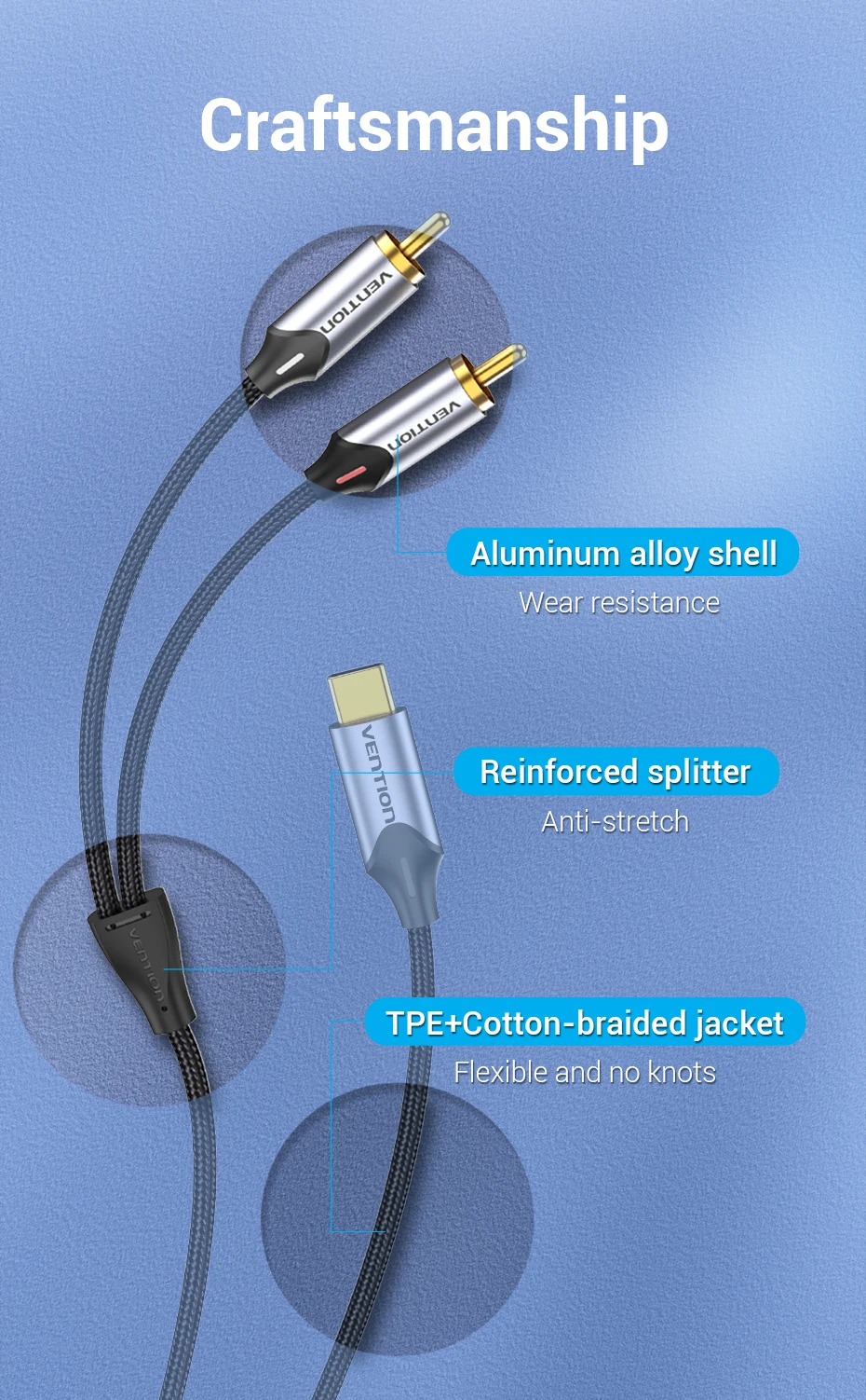 Tions USB C zu RCA Audio Kabel Typ C zu 2 RCA Kabel für Lautsprecher Verstärker Huawei Xiaomi Laptop 1m 2m 3m USB C Splitter RCA Y – Detail 11