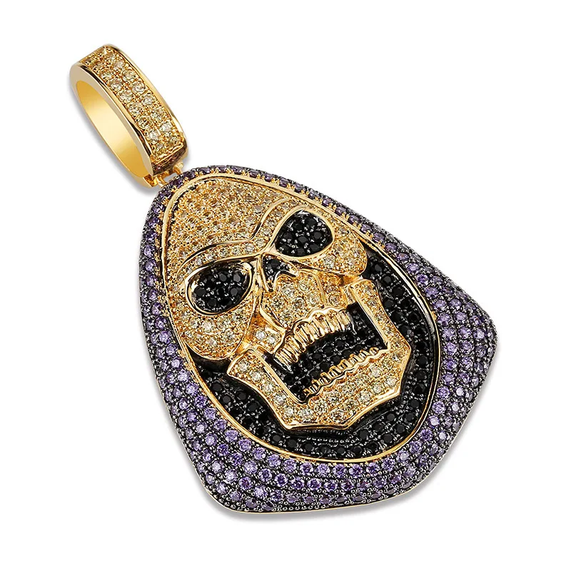 

Purple Black White 3 Colors CZ Stone Paved Bling Ice Out Skull Mask Pendants Necklace for Men Hip Hop Rapper Jewelry Gold Color