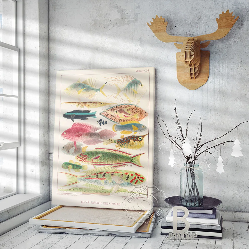 Retro Ocean Sea Fish Watercolour Sketches Poster, Biology Painting Art Wall Pictures, Cartoon Kids Room Creche Home Decor Gift
