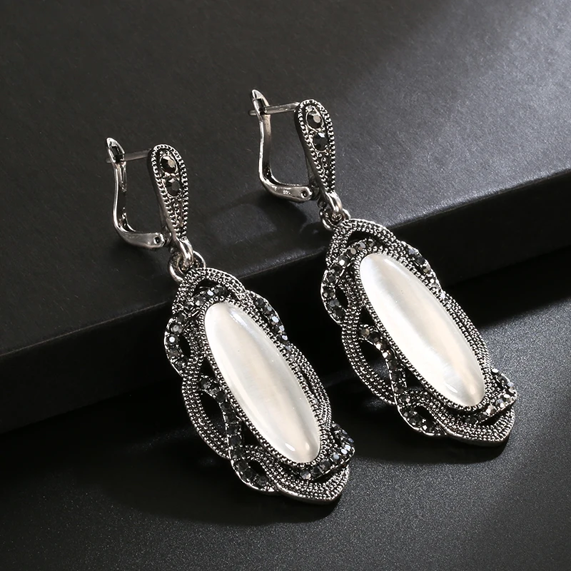 Wbmqda Hot Bohemian Big Opal Stone Earrings Necklace Boho Jewelry Sets Vintage Tibetan Silver Black Crystal Earrings For Women