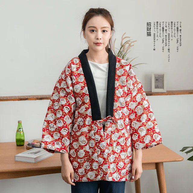 Print Warm Wadded Cotton Kimono Haori Japanese Style Winter Thick Cotton-Padded Coat Vintage Keep Warm Loose Kimonos Tops