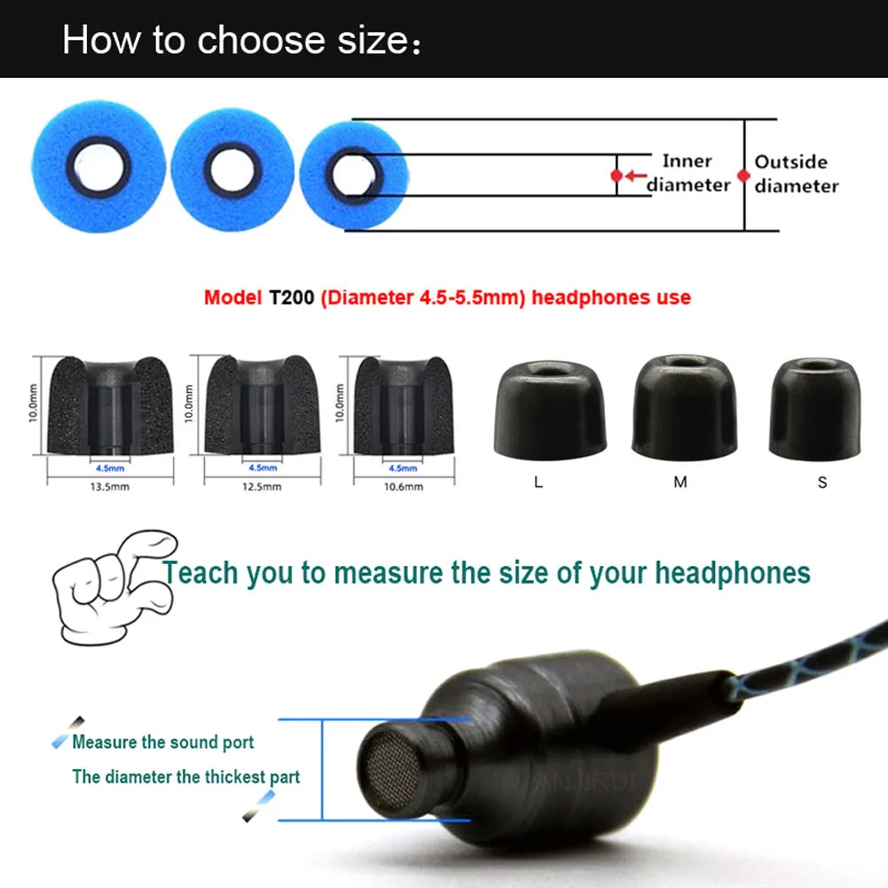 3Pairs Upgrade T200 Memory Foam Ear Tips (S M L) 4.5mm Caliber Ear Pads/cap T200 Memory Foam Eartips For In-ear Earphone