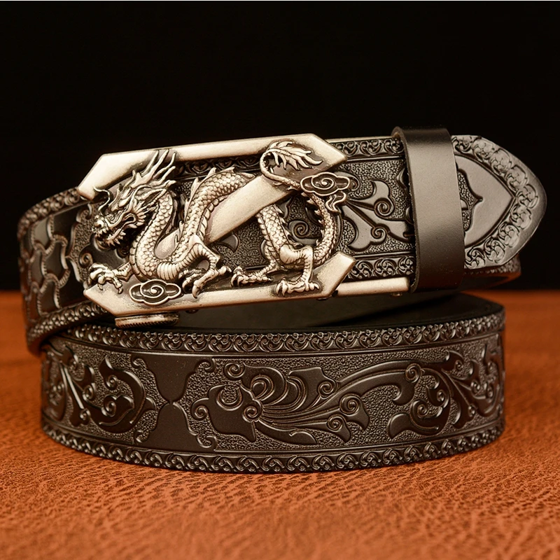 New Arrivel Embossing Retro Technology Belts for Men  Genuine Cowhide Leather Belt with Dragon Pattern Automatic Buckle