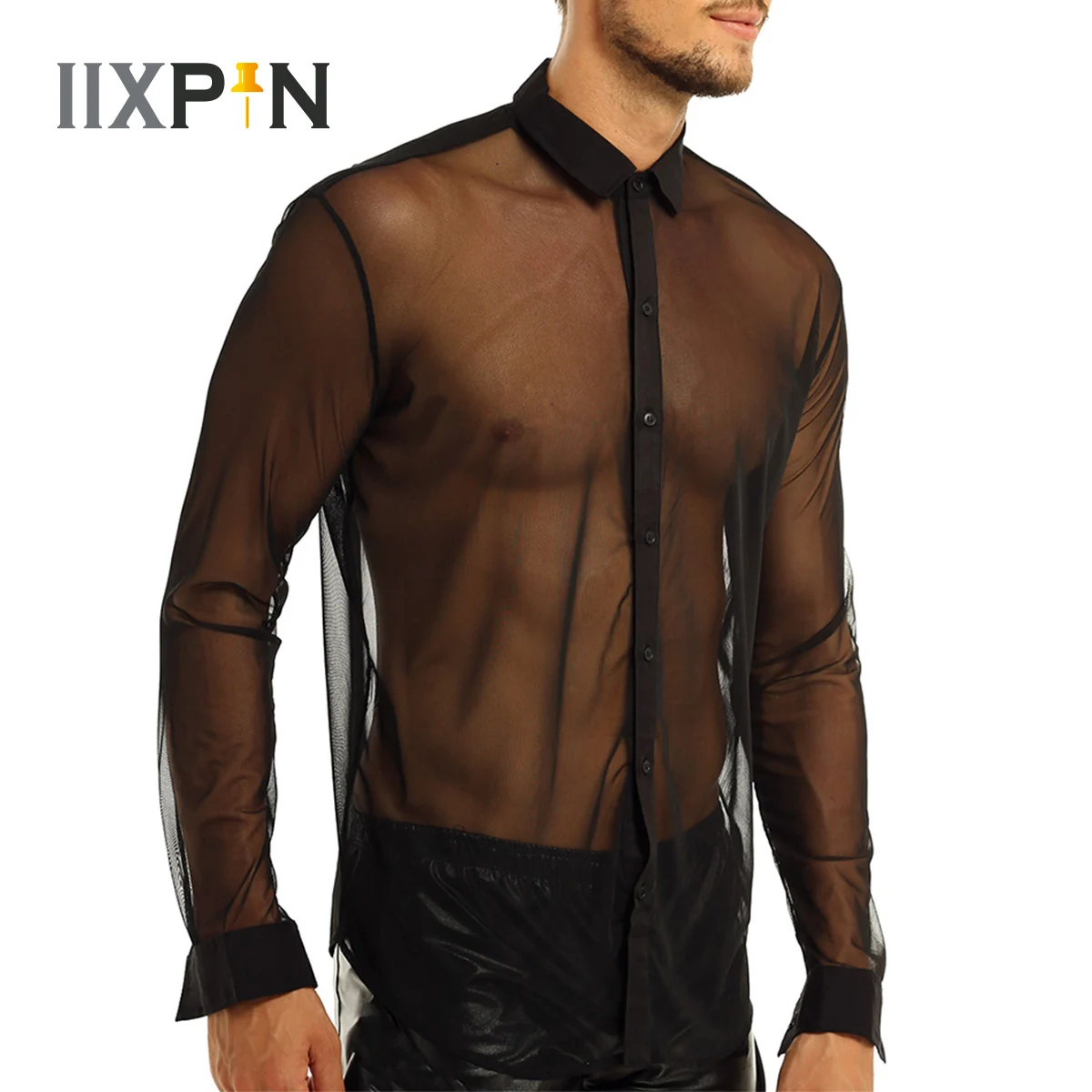 

Fashion Men Mesh Shirt Gay Male See Through Long Sleeve Casual Tops Sexy Streetwear Loose Nightclub Party Mens WetLook Shirts