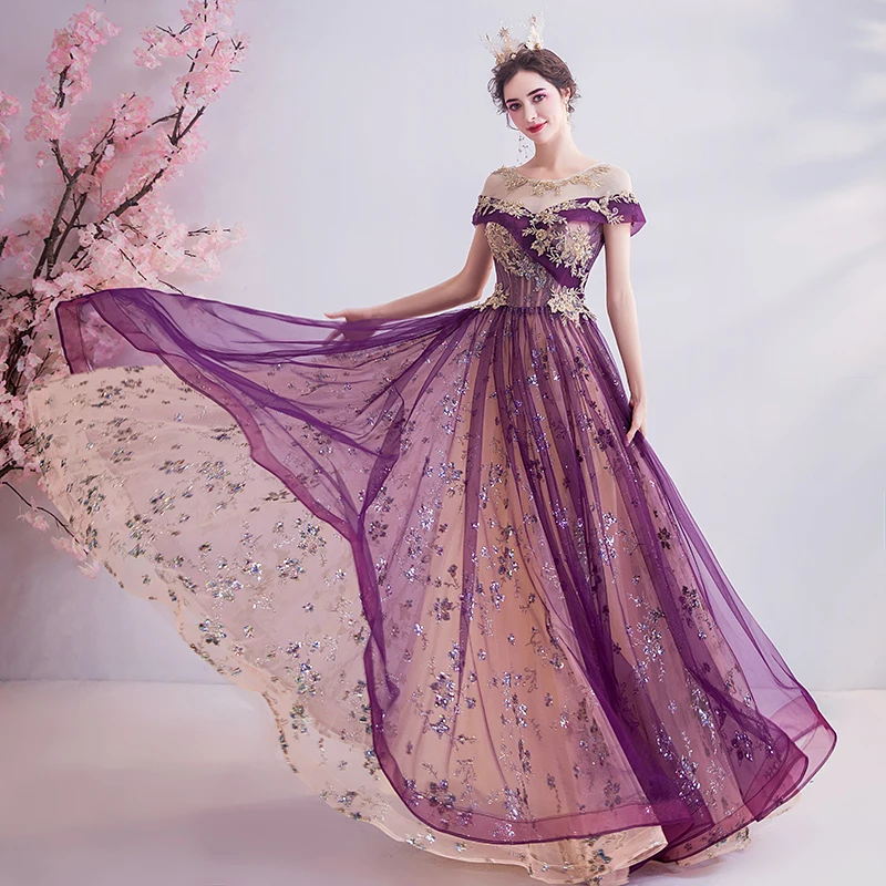 2020 Nieuwe Mode Paars Korte Mouwen A-lijn Tulle Applicaties Bloemen Elegant Avondjurken Bruid Banket Party Prom Dress ND28