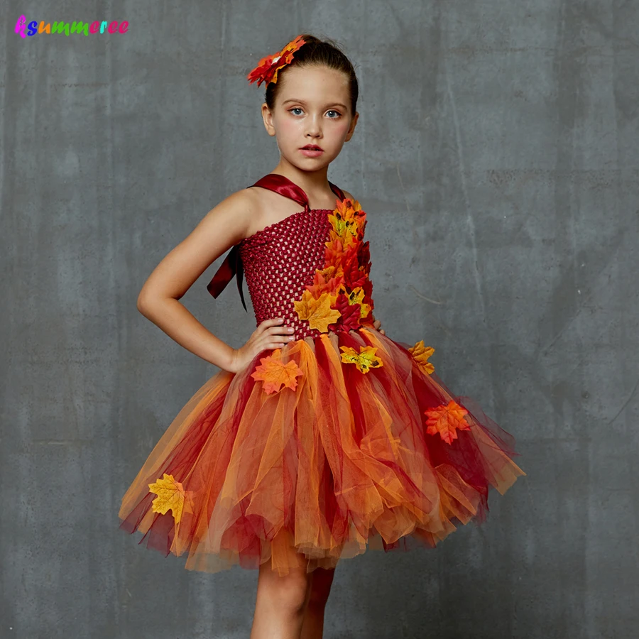 Autumn Fairy Girls Tutu Dress Maple Leaves Kids Tulle Dress with Headband Children Flower Dresses for Halloween Christmas