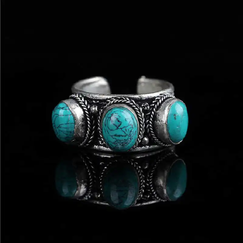 Tibetan Rings Copper inlaid 3 Turquoise Beads Open Rings for Man Tibetan Jewelry R211