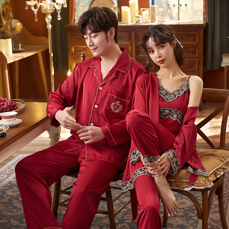 Summer Couple Pajamas Men Long Sleeve Pants 2Pcs Women Robe Sling Pants 3Pcs Ice Silk Female Pajamas Set Home Service Suit