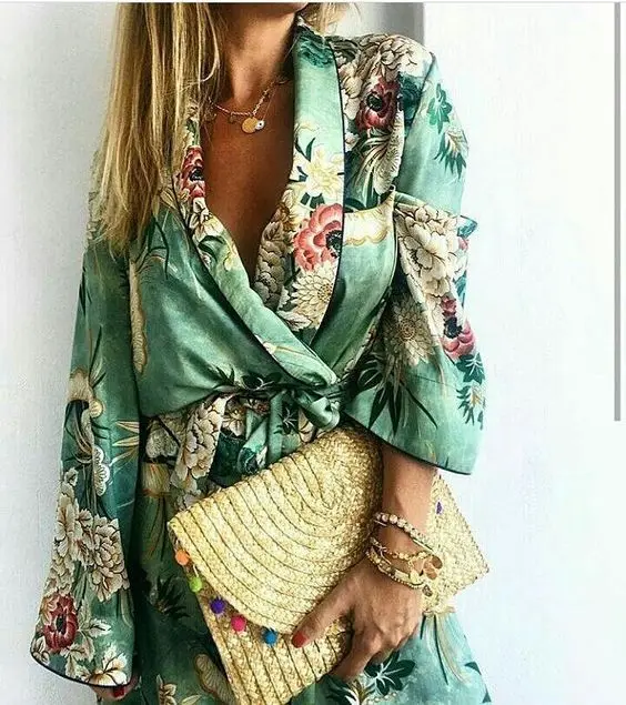 TEELYNN green floral print satin kimono kaftan women bikini cover up vintage long sleeve autumn robe vestidos boho beach blouses