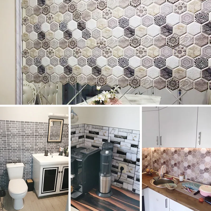 =(K)= 30pcs/lot 3D Self-Adhesive Wallpaper DIY Brick Stone Wood Marble Mosaic Waterproof  Wall Stickers Home Decoration Kitchen