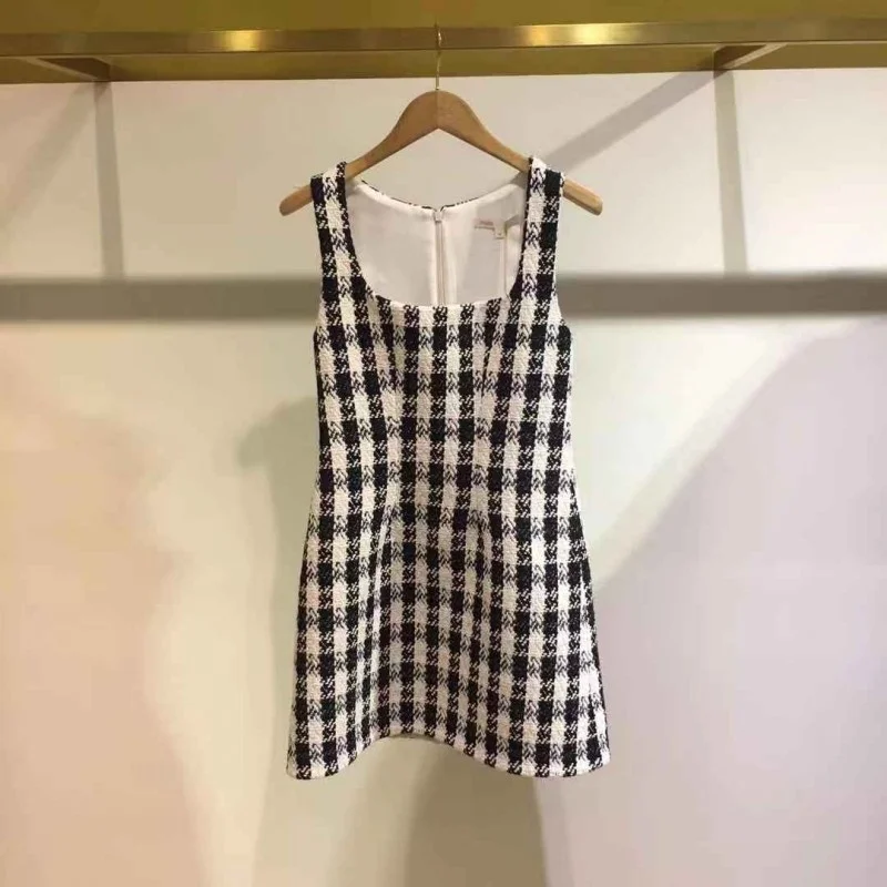 

Plaid Elegant Slim Sleeveless Tweed Dress Female Streetwear Zipper High Waist Short Dress Fashion Spaghetti Strap Lady Dress