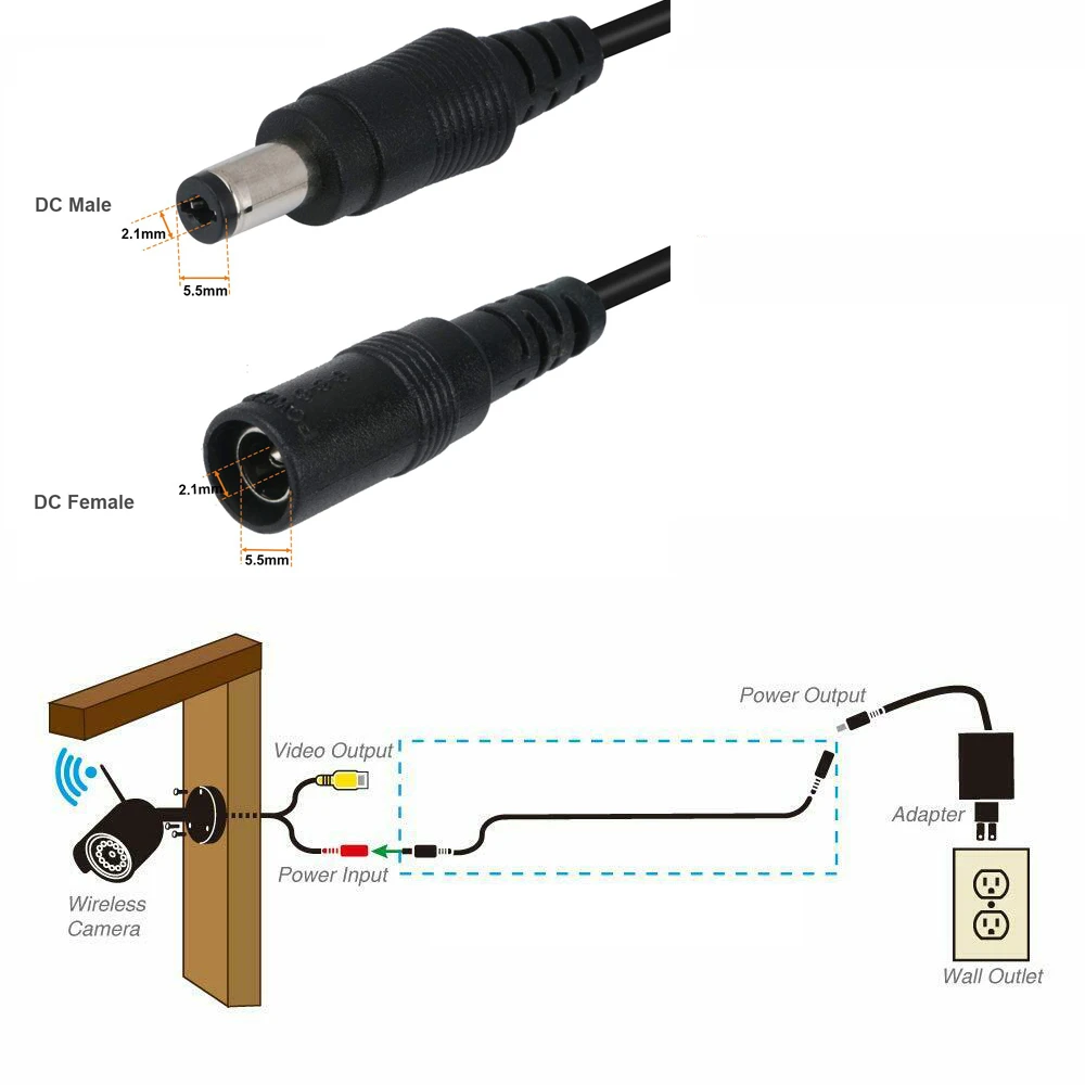 Cable de extensión de alimentación DC 12V, 5,5mm x 2,1mm, enchufe macho, Cable de alimentación extendido para cámara de seguridad CCTV