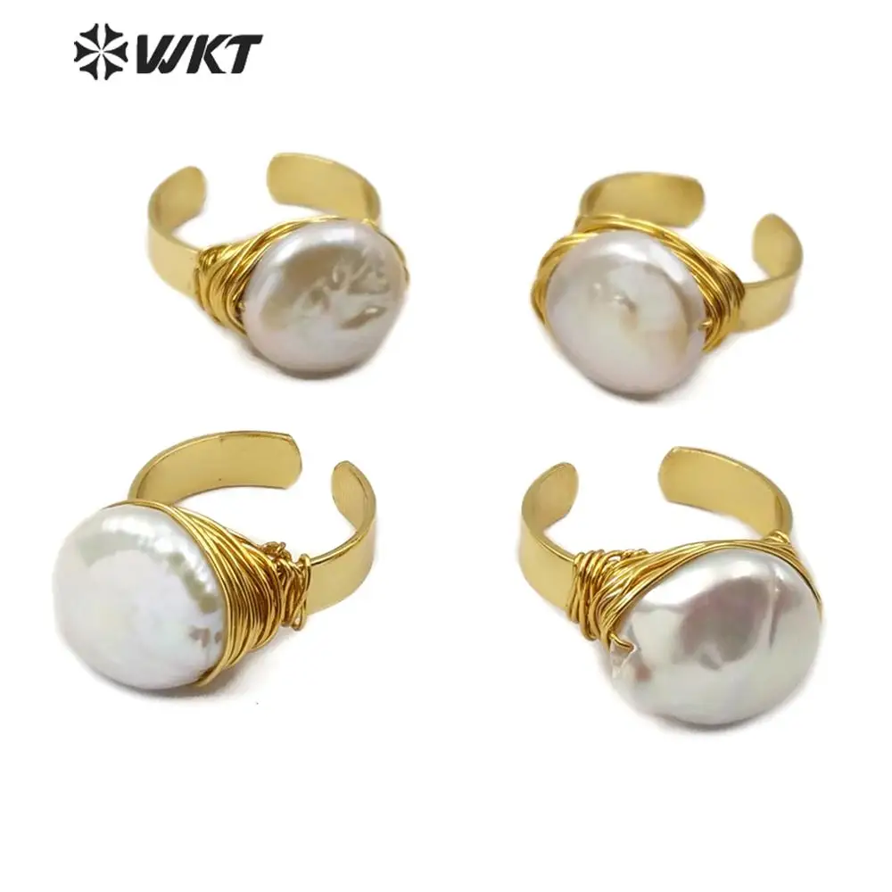 WT-R340 Natural freshwater Pearl Ring Wire Wrapped Pearl Ring With Gold Electroplated Band Fashion Sea Shell Jewelry for Woman